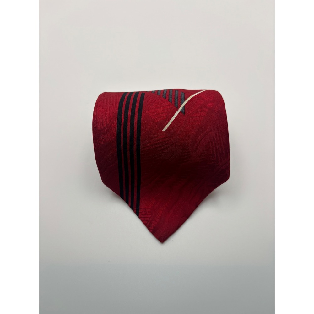 Albert Nipon Mens Red Geometric Abstract Silk Necktie Grey Black Modern Art Deco